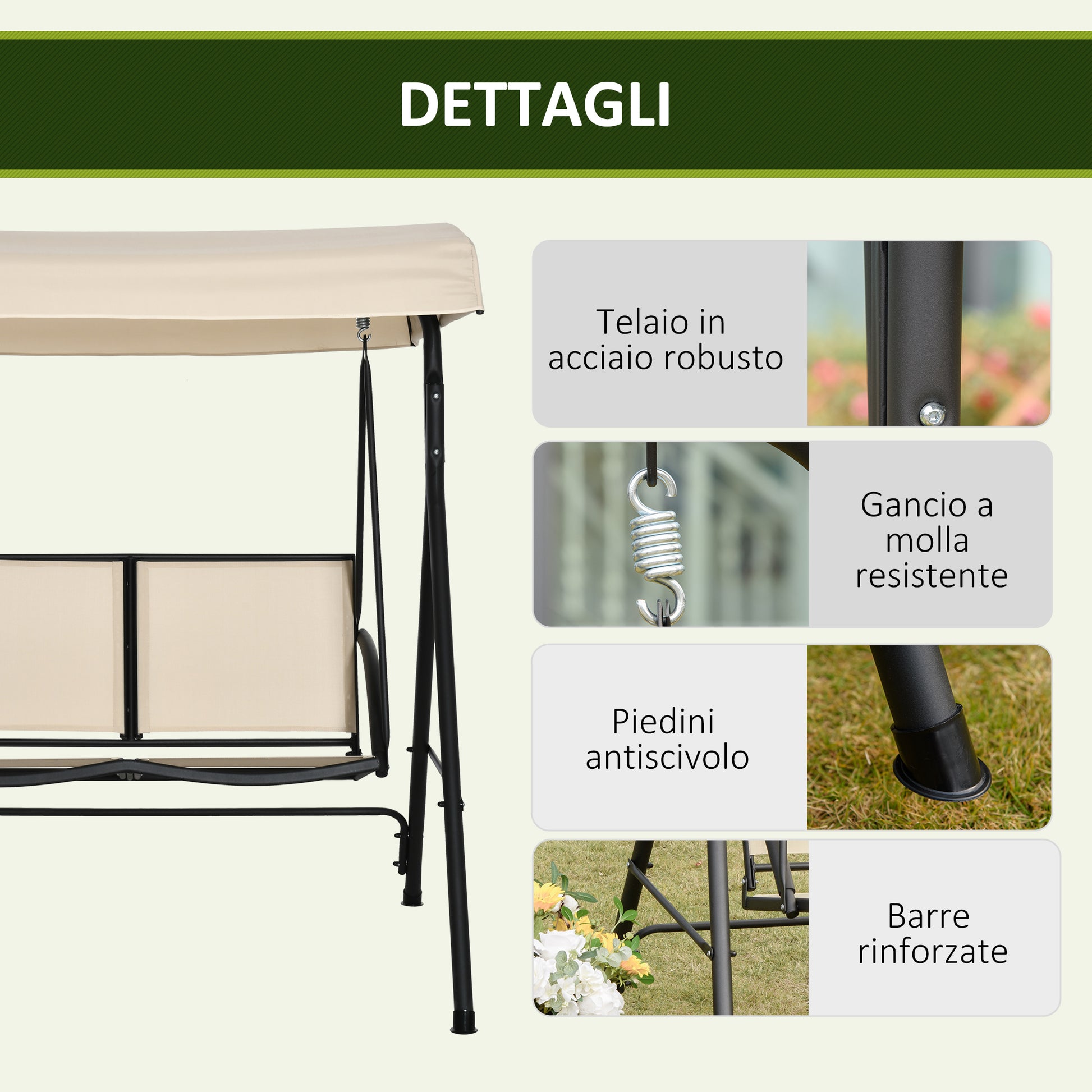 2-Seater Garden Swing with Adjustable Canopy and Texteline Seat, 140x118x162cm Beige