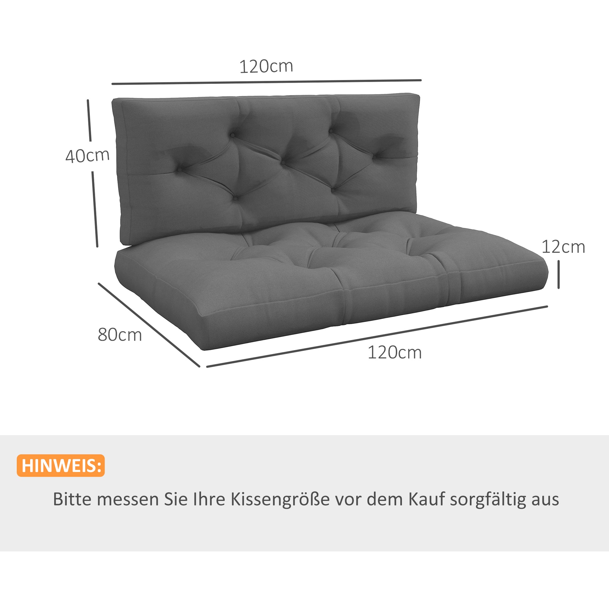 2 Seater Pallet Cushion 120cm x 80cm x 12cm Bench Cushion with UV Protection Seat Cushion Padding Water-Repellent Garden Bench Cushion for Pallet Sofa, Balcony Dark Grey