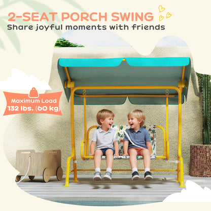 Kids' Patio Swing, 2-Seater Children's Swing with Adjustable Canopy, Safety Belts — Garden/Patio Swing Bench for Ages 3–6, Up to 132 lb, Green
