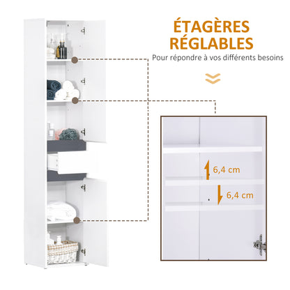 Contemporary Style Bathroom Column Storage Cabinet 2 Cabinets 3 Shelves and Sliding Drawer Particle Boards White
