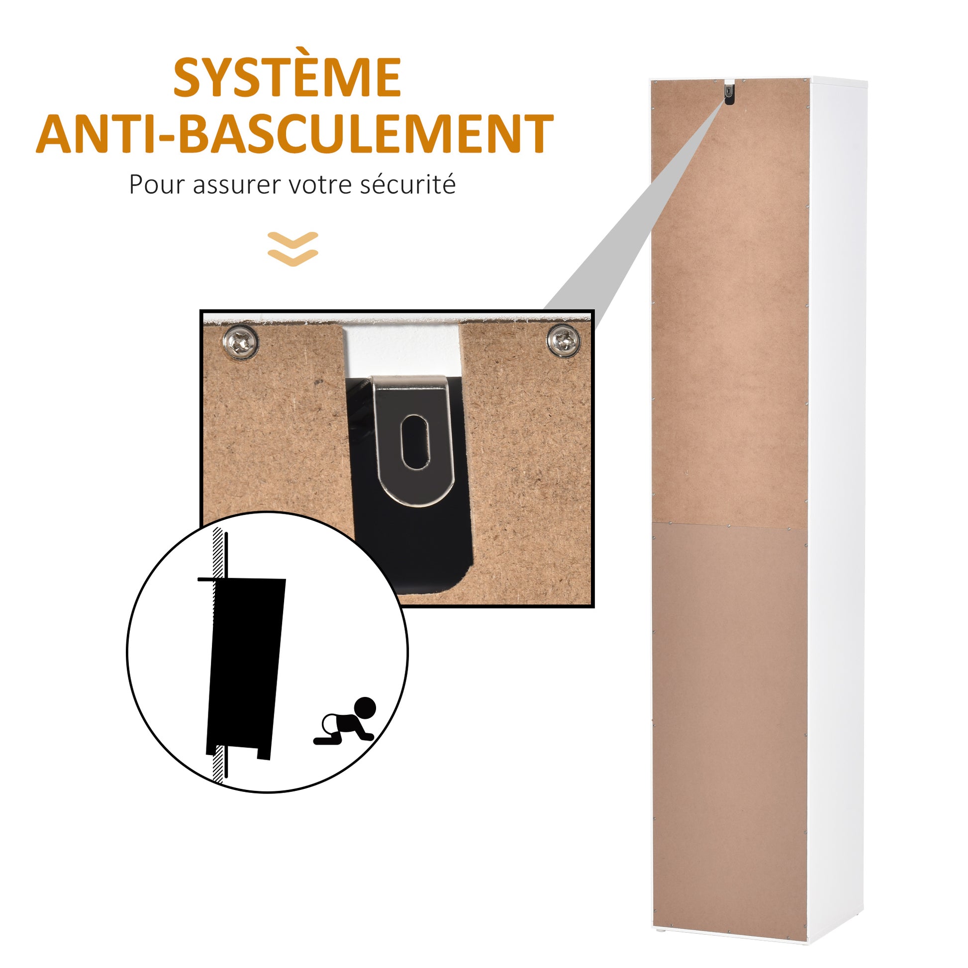 Contemporary Style Bathroom Column Storage Cabinet 2 Cabinets 3 Shelves and Sliding Drawer Particle Boards White