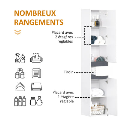 Contemporary Style Bathroom Column Storage Cabinet 2 Cabinets 3 Shelves and Sliding Drawer Particle Boards White