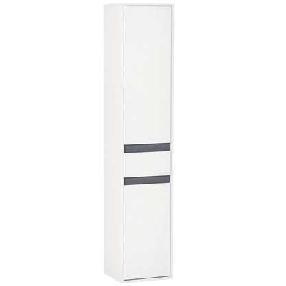 Contemporary Style Bathroom Column Storage Cabinet 2 Cabinets 3 Shelves and Sliding Drawer Particle Boards White