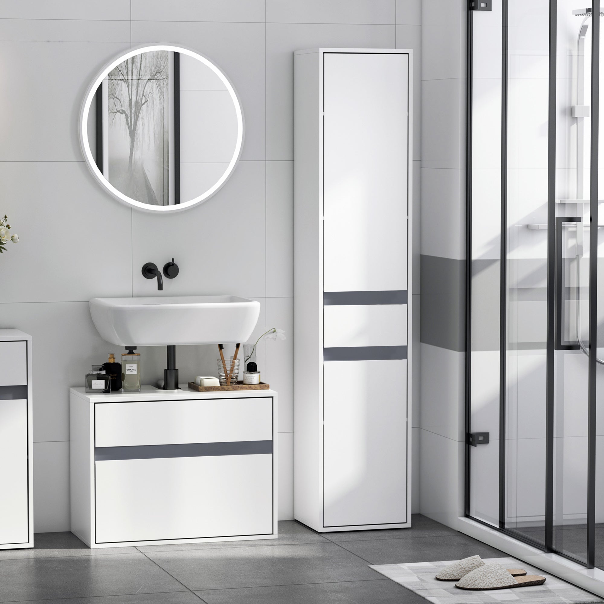 Contemporary Style Bathroom Column Storage Cabinet 2 Cabinets 3 Shelves and Sliding Drawer Particle Boards White