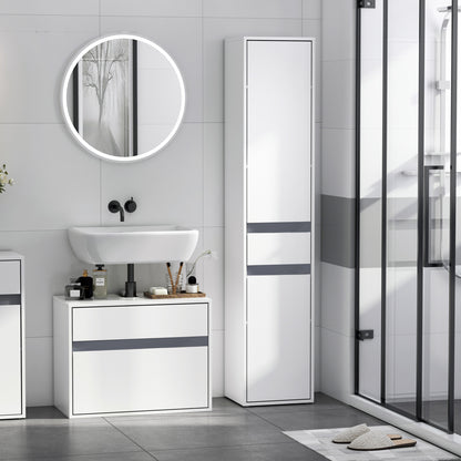 Contemporary Style Bathroom Column Storage Cabinet 2 Cabinets 3 Shelves and Sliding Drawer Particle Boards White