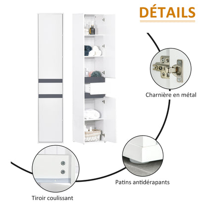 Contemporary Style Bathroom Column Storage Cabinet 2 Cabinets 3 Shelves and Sliding Drawer Particle Boards White