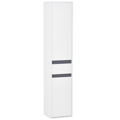 Contemporary Style Bathroom Column Storage Cabinet 2 Cabinets 3 Shelves and Sliding Drawer Particle Boards White