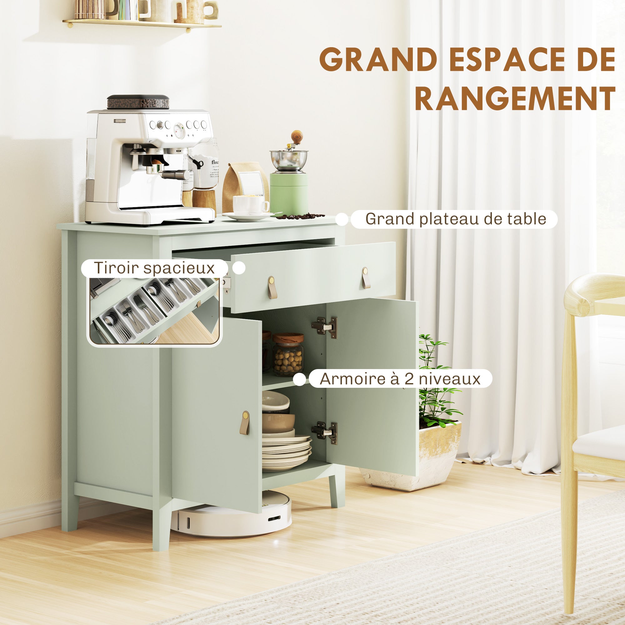 Sideboard Cabinet with Drawer and Double Door, Adjustable Shelf, PU Handles, Modern Style Buffet for Dining Room & Kitchen, 31.5 x 15.7 x 35.4 in, Light Green