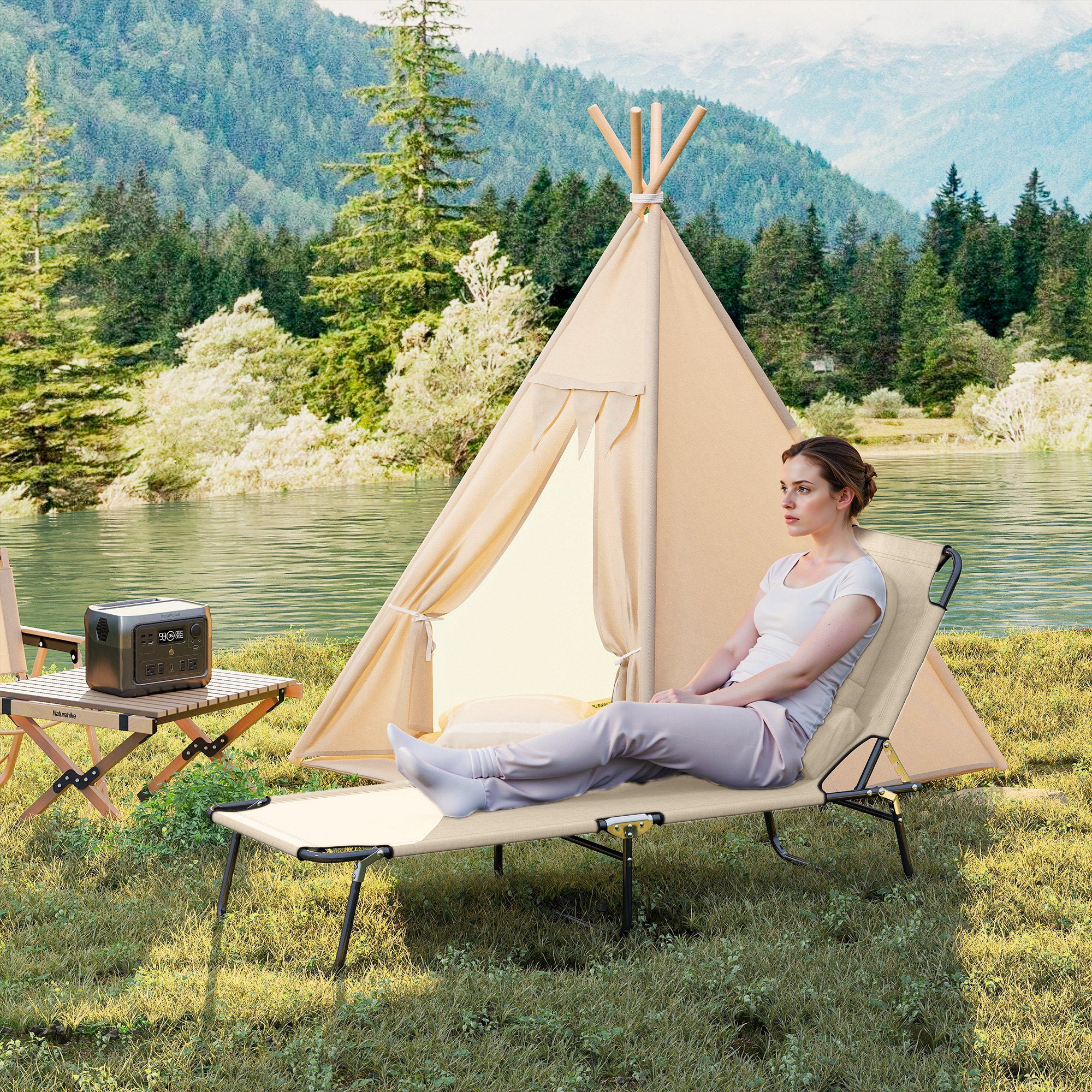 Folding Sun Lounger with Face Hole and Head Pillow — 4-Position Adjustable, Weatherproof, Up to 265 lb (Beige)