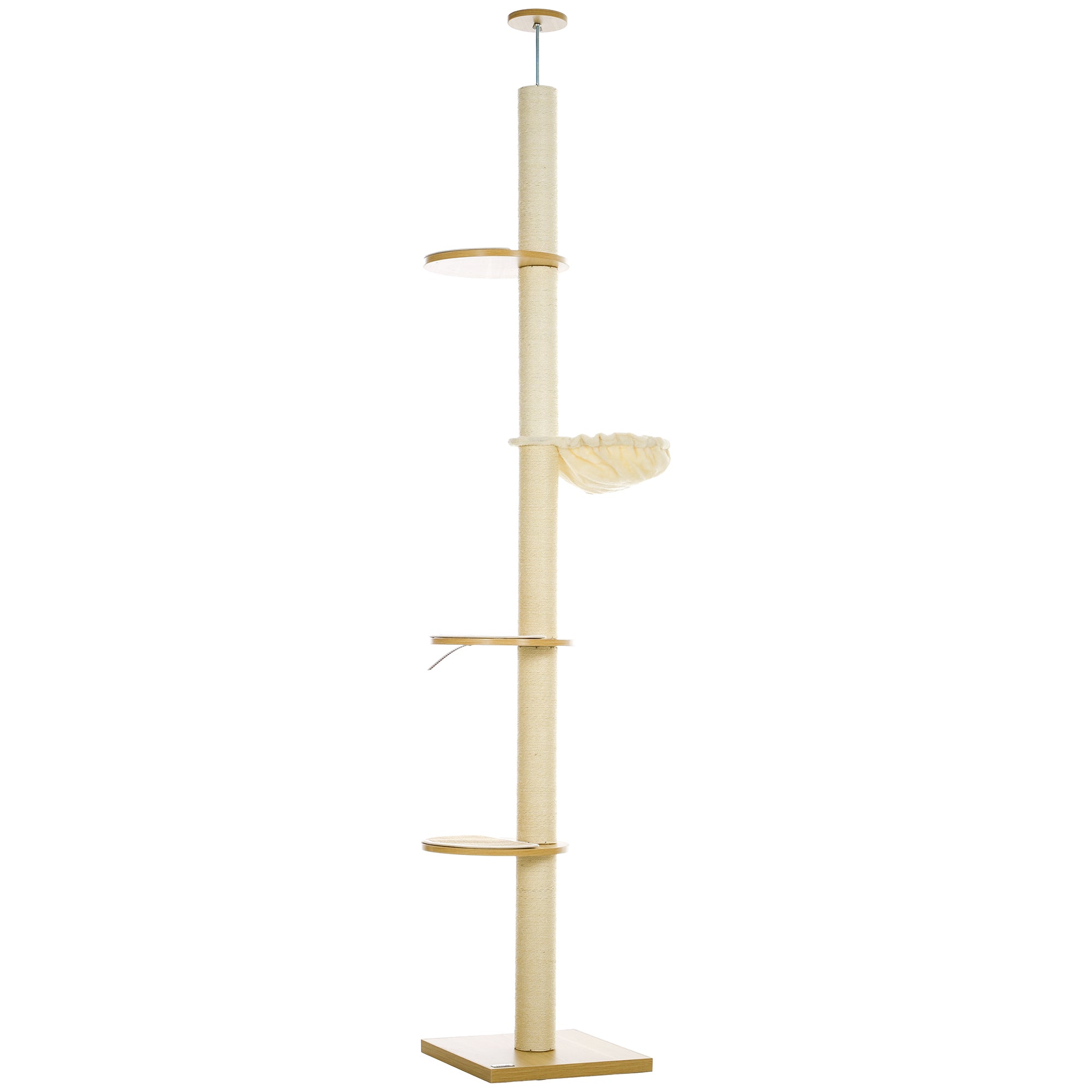 Cat Tree, Ceiling-high Cat Scratching Post, 230-250 cm, Climbing Tree with Hammock, Adjustable Height Cat Tree, Play Tree with Anti-tip Protection, Plush, Oak+Cream
