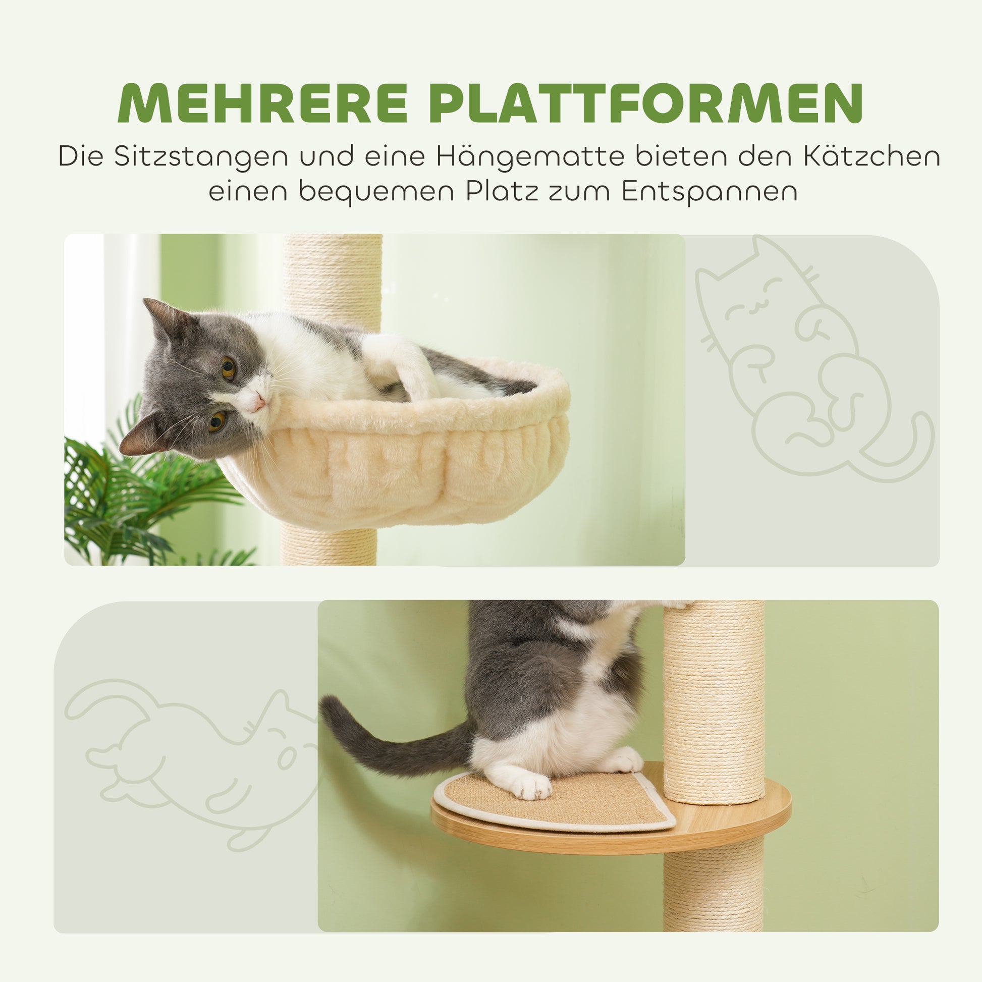 Cat Tree, Ceiling-high Cat Scratching Post, 230-250 cm, Climbing Tree with Hammock, Adjustable Height Cat Tree, Play Tree with Anti-tip Protection, Plush, Oak+Cream