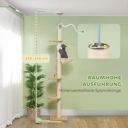 Cat Tree, Ceiling-high Cat Scratching Post, 230-250 cm, Climbing Tree with Hammock, Adjustable Height Cat Tree, Play Tree with Anti-tip Protection, Plush, Oak+Cream