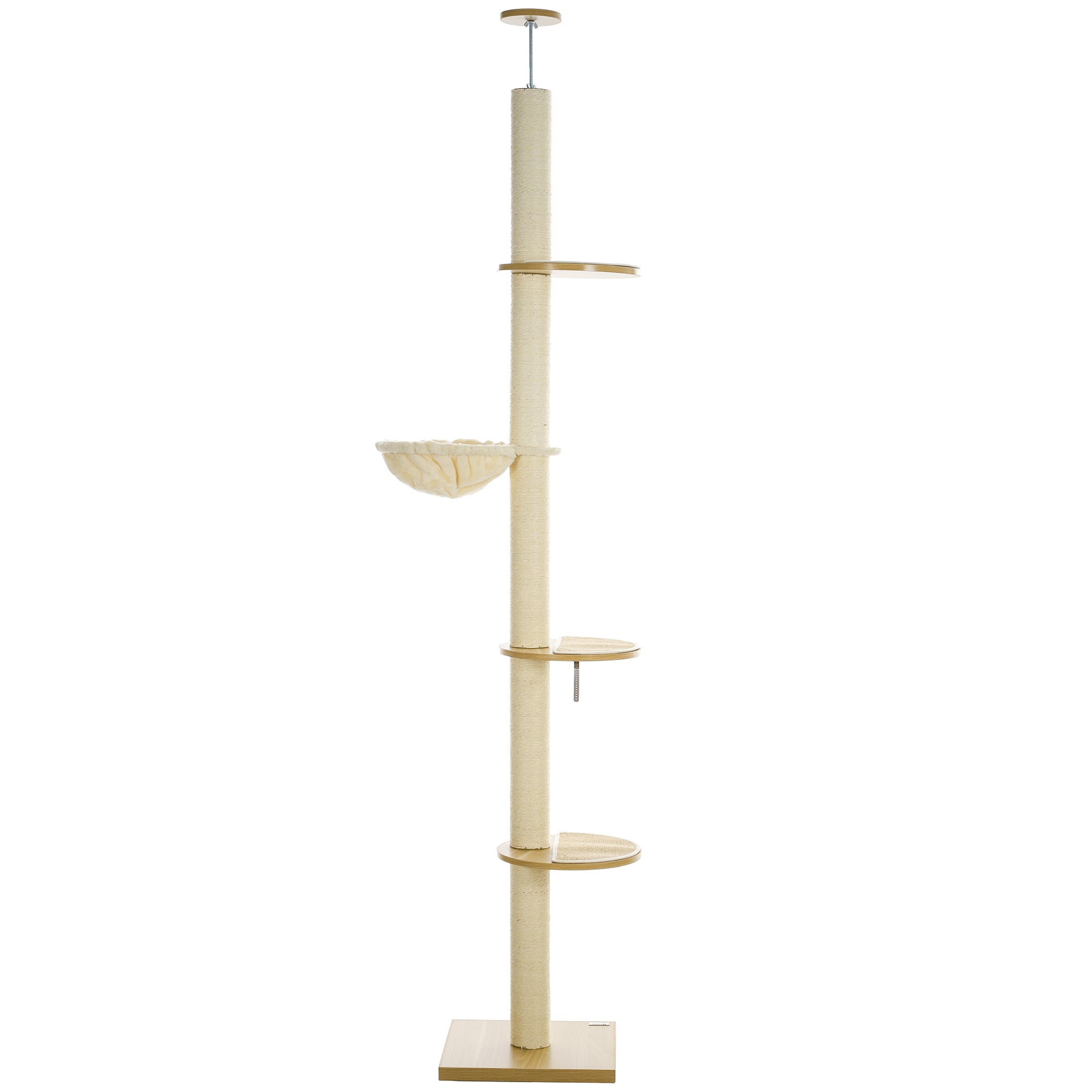 Cat Tree, Ceiling-high Cat Scratching Post, 230-250 cm, Climbing Tree with Hammock, Adjustable Height Cat Tree, Play Tree with Anti-tip Protection, Plush, Oak+Cream