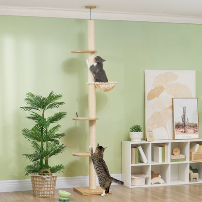 Cat Tree, Ceiling-high Cat Scratching Post, 230-250 cm, Climbing Tree with Hammock, Adjustable Height Cat Tree, Play Tree with Anti-tip Protection, Plush, Oak+Cream