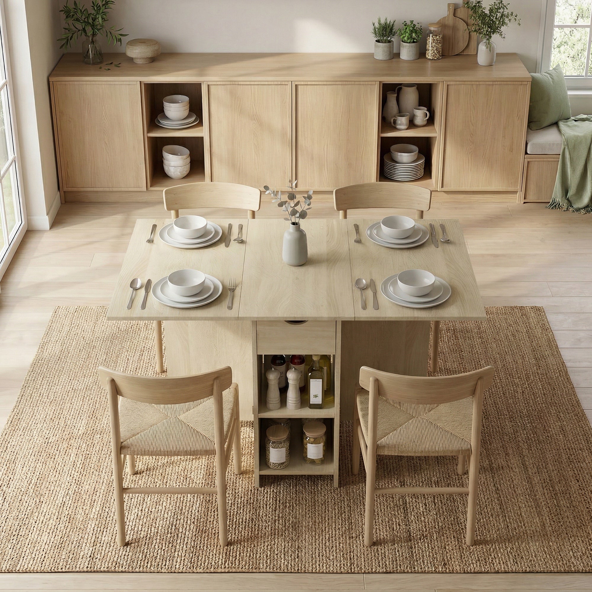 Foldable Dining Table with Drawer and 2 Shelves, Seats 2–4, Modern Space-Saving Kitchen/Dining Table, Natural Wood, 114.5 x 70 x 75 cm (45.1 x 27.6 x 29.5 in)