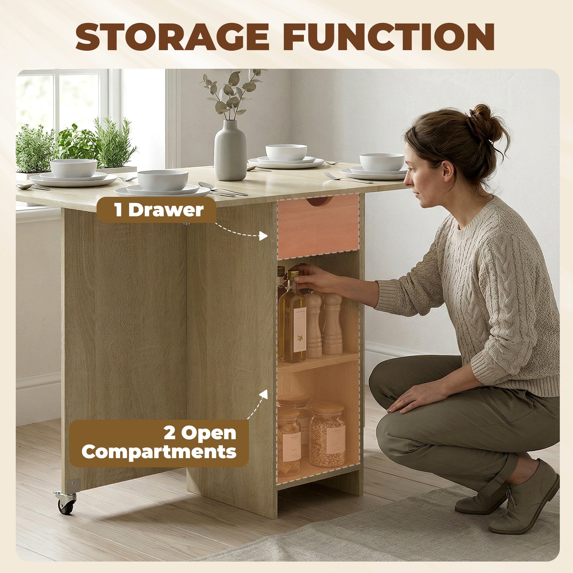 Foldable Dining Table with Drawer and 2 Shelves, Seats 2–4, Modern Space-Saving Kitchen/Dining Table, Natural Wood, 114.5 x 70 x 75 cm (45.1 x 27.6 x 29.5 in)