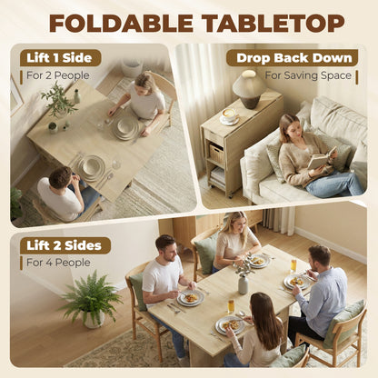 Foldable Dining Table with Drawer and 2 Shelves, Seats 2–4, Modern Space-Saving Kitchen/Dining Table, Natural Wood, 114.5 x 70 x 75 cm (45.1 x 27.6 x 29.5 in)