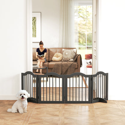 4-Panel Folding Dog Gate with Walk-Through Door, 81.9 x 24 in, Freestanding with 2 Support Feet, for Stairs/Kitchen/Hallway, Black