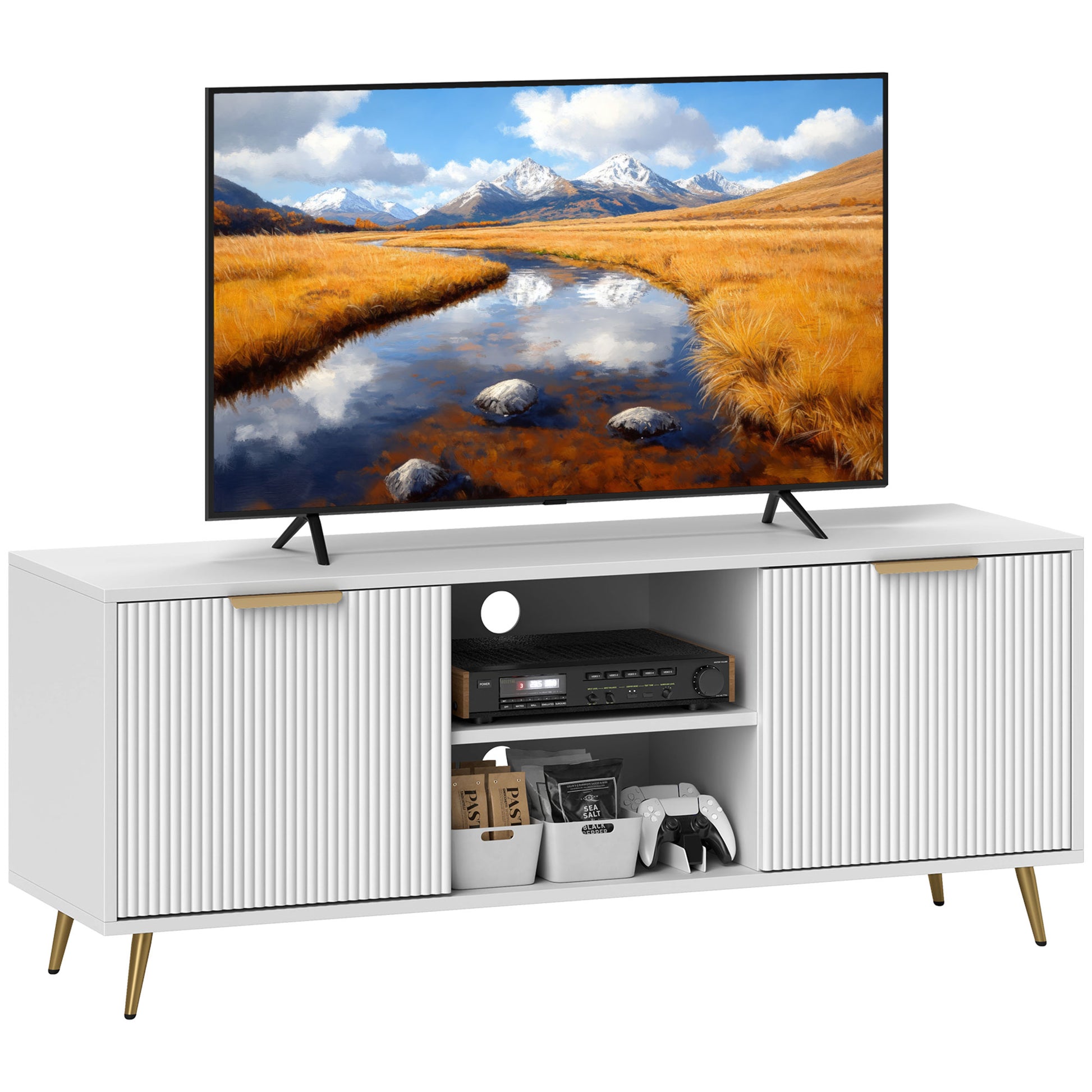 Modern TV Cabinet TV Stand with 2 Open Compartments and 2 Doors TV Unit for 55-inch TV 120x35x48 cm White