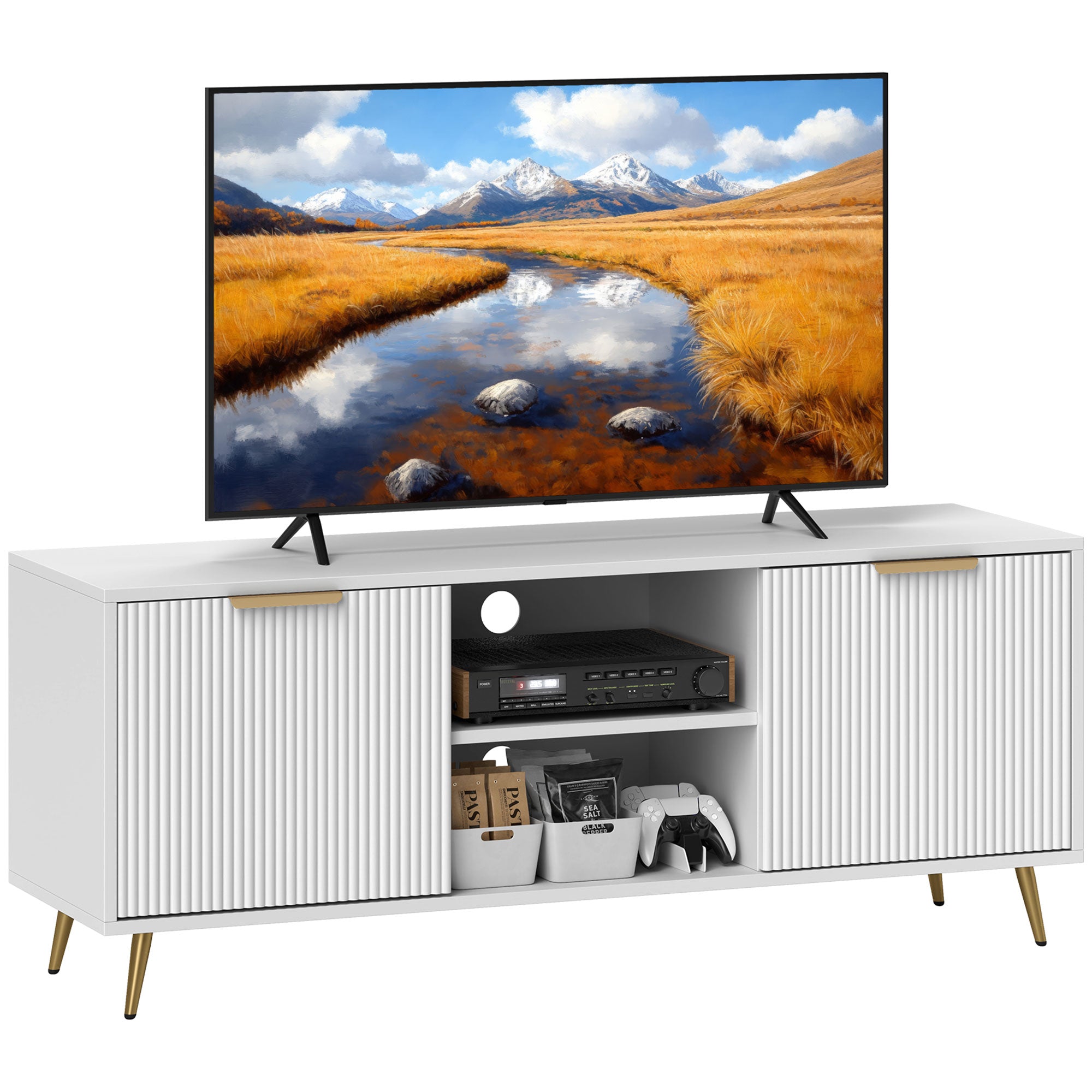 Modern TV Cabinet TV Stand with 2 Open Compartments and 2 Doors TV Unit for 55-inch TV 120x35x48 cm White