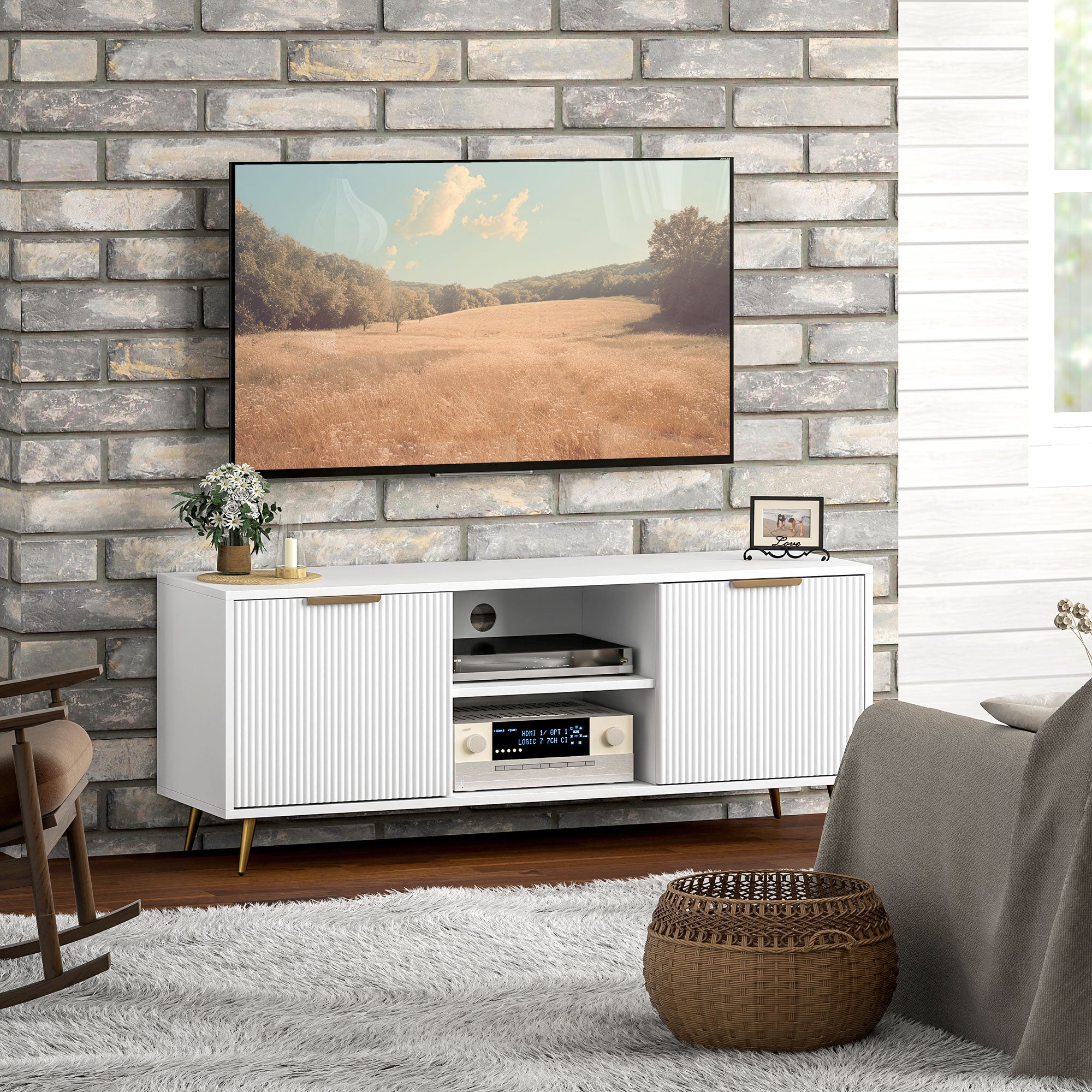 Modern TV Cabinet TV Stand with 2 Open Compartments and 2 Doors TV Unit for 55-inch TV 120x35x48 cm White