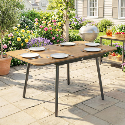 55.1 x 31.5 in Outdoor Dining Table for 6 – Weather-Resistant WPC Wood-Look Top, Rust-Resistant Metal Frame, Adjustable Feet, Rectangular Patio/Balcony Table (Teak)