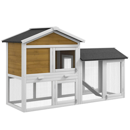 2-Story Weatherproof Wooden Rabbit Hutch 147 x 54 x 84 cm (57.9 x 21.3 x 33.1 in) – Waterproof Bitumen Roof, Run, Ramp & Doors, Yellow