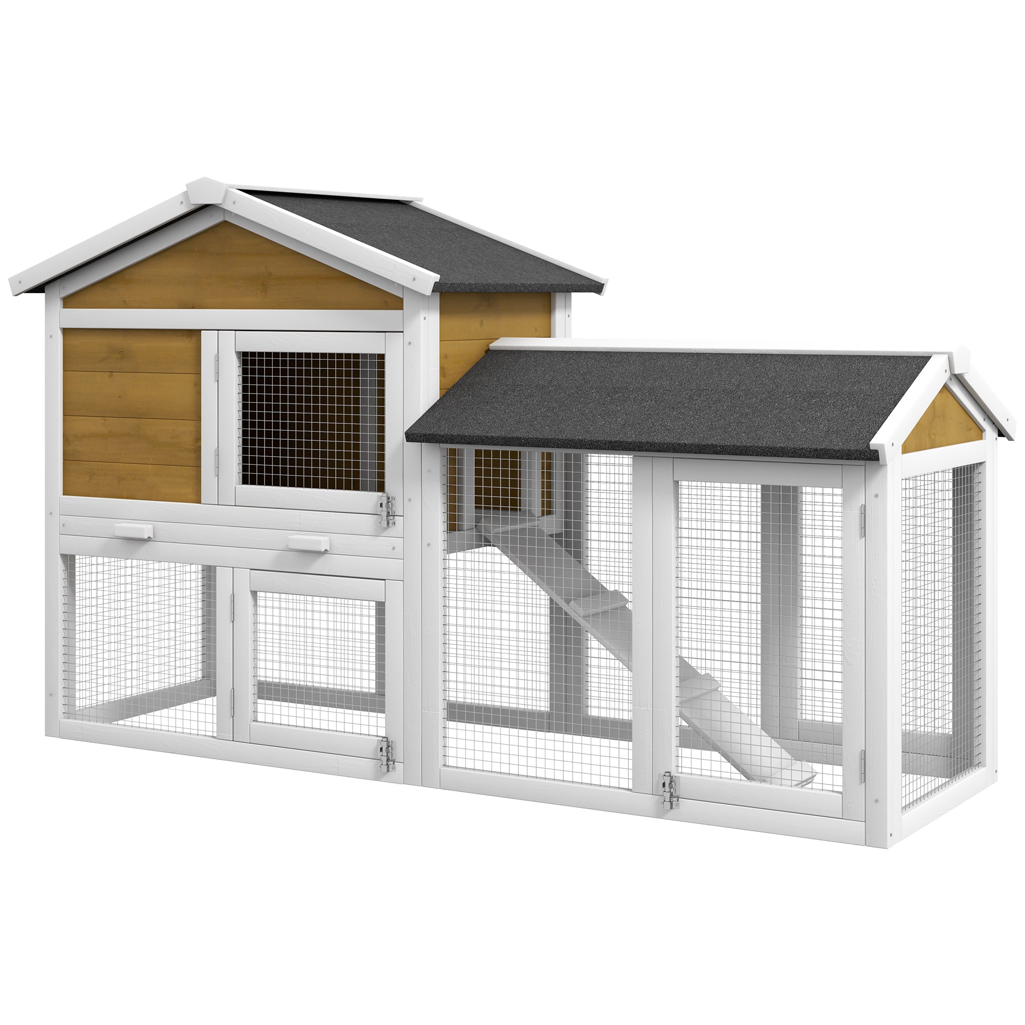 2-Story Weatherproof Wooden Rabbit Hutch 147 x 54 x 84 cm (57.9 x 21.3 x 33.1 in) – Waterproof Bitumen Roof, Run, Ramp & Doors, Yellow