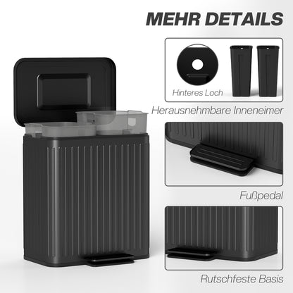 2×20 L Pedal Bin — 40 L Dual-Compartment Kitchen Waste Sorter, Soft-Close Lid, Hold-Open Function, Removable Inner Buckets, Black, 45.5 × 36.5 × 51 cm (17.9 × 14.4 × 20.1 in)