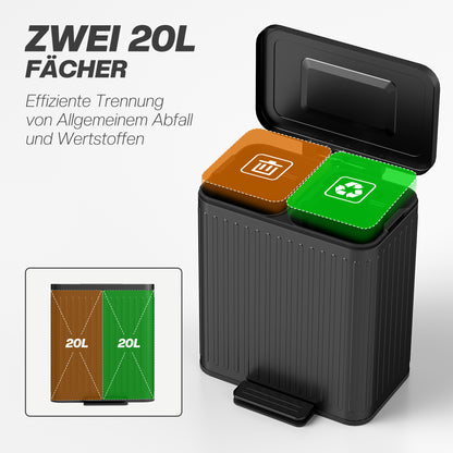 2×20 L Pedal Bin — 40 L Dual-Compartment Kitchen Waste Sorter, Soft-Close Lid, Hold-Open Function, Removable Inner Buckets, Black, 45.5 × 36.5 × 51 cm (17.9 × 14.4 × 20.1 in)