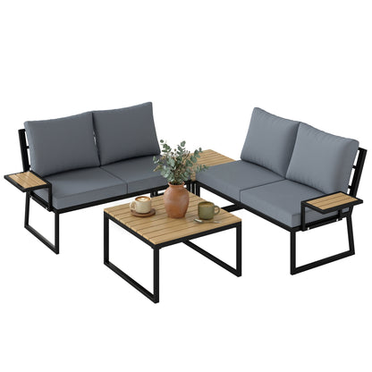 L-Shaped 4-Piece Outdoor Patio Sofa Set for 4 — Two 2-Seater Sectionals with Cushions & 2 Nesting Tables, Teak