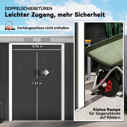 Metal Tool Shed 6.3m³ 280x130x172cm Equipment Shed with Pent Roof Sliding Door Weatherproof Garden House Outdoor Garden Shed Cabinet for Backyard Outdoor Area Anthracite, Dark Gray