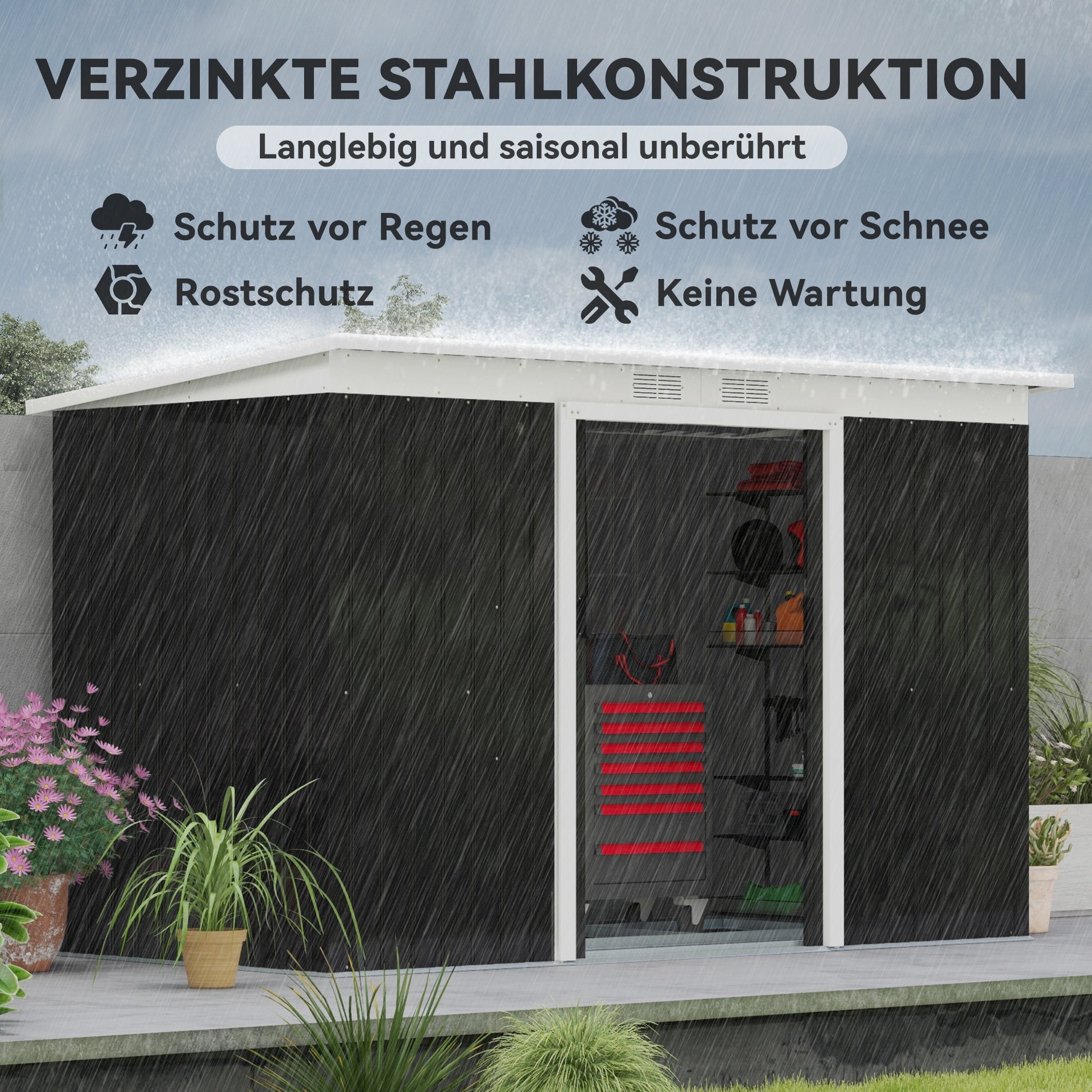 Metal Tool Shed 6.3m³ 280x130x172cm Equipment Shed with Pent Roof Sliding Door Weatherproof Garden House Outdoor Garden Shed Cabinet for Backyard Outdoor Area Anthracite, Dark Gray