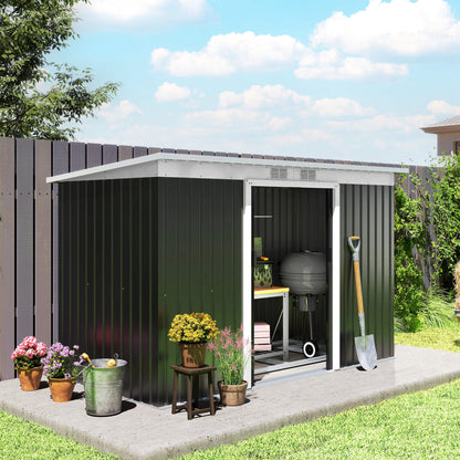 Metal Tool Shed 6.3m³ 280x130x172cm Equipment Shed with Pent Roof Sliding Door Weatherproof Garden House Outdoor Garden Shed Cabinet for Backyard Outdoor Area Anthracite, Dark Gray
