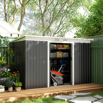 Metal Tool Shed 6.3m³ 280x130x172cm Equipment Shed with Pent Roof Sliding Door Weatherproof Garden House Outdoor Garden Shed Cabinet for Backyard Outdoor Area Anthracite, Dark Gray