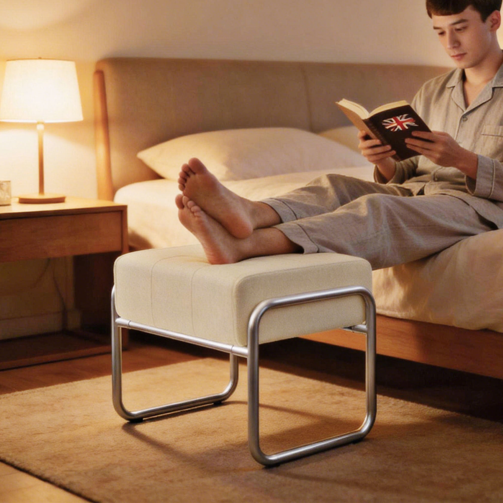 Thick Padded Footstool with Steel Legs, Chenille Upholstery for Bedroom & Living Room, Beige