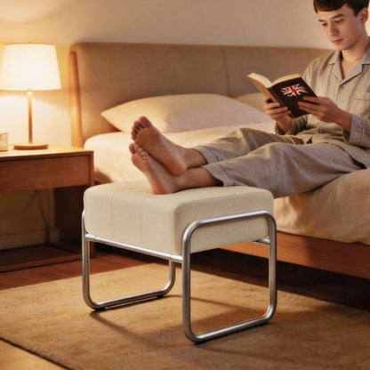 Thick Padded Footstool with Steel Legs, Chenille Upholstery for Bedroom & Living Room, Beige