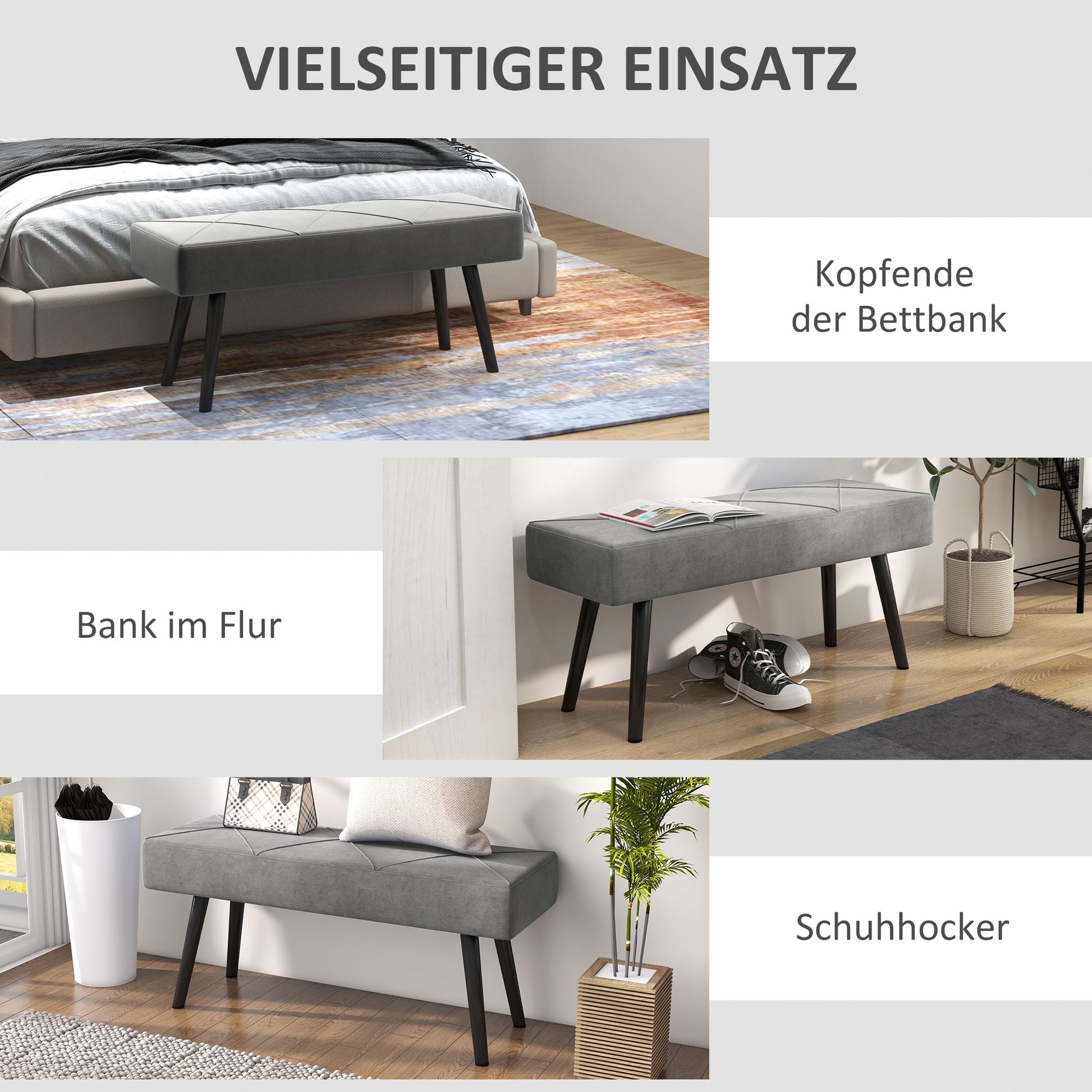 Upholstered Seat Bench in Velvet Look, Bed Bench with X-Pattern, Steel Legs, Shoe Bench for Bedroom, Living Room, Hallway, 100 x 36 x 45 cm, Gray