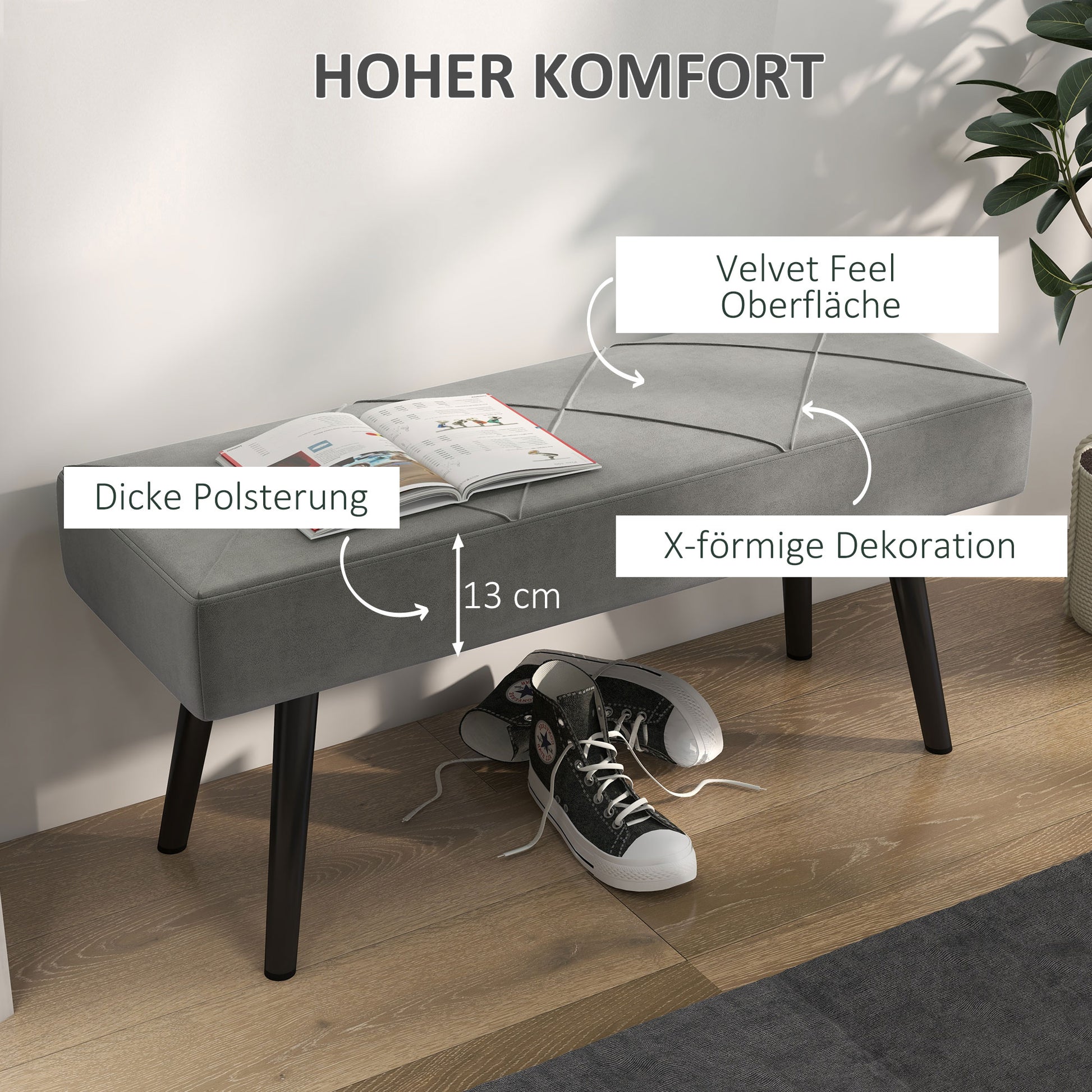 Upholstered Seat Bench in Velvet Look, Bed Bench with X-Pattern, Steel Legs, Shoe Bench for Bedroom, Living Room, Hallway, 100 x 36 x 45 cm, Gray