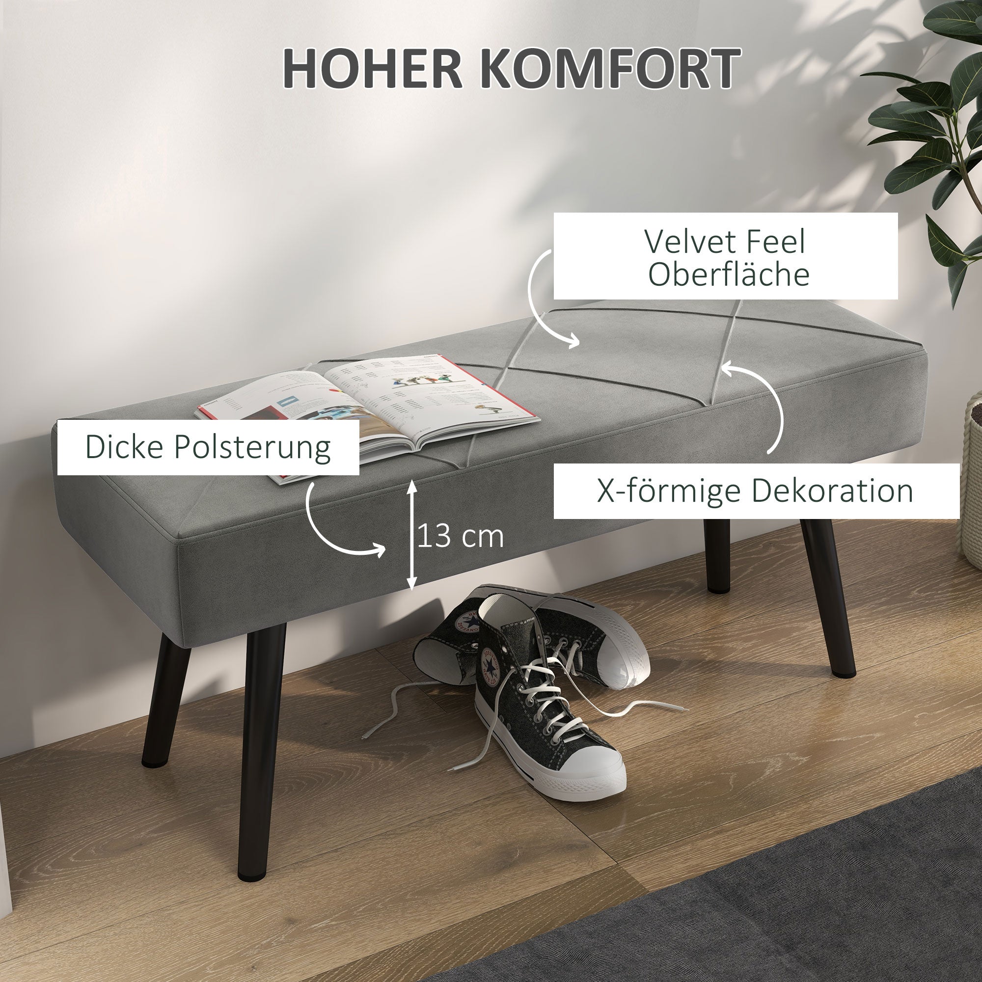 Upholstered Seat Bench in Velvet Look, Bed Bench with X-Pattern, Steel Legs, Shoe Bench for Bedroom, Living Room, Hallway, 100 x 36 x 45 cm, Gray
