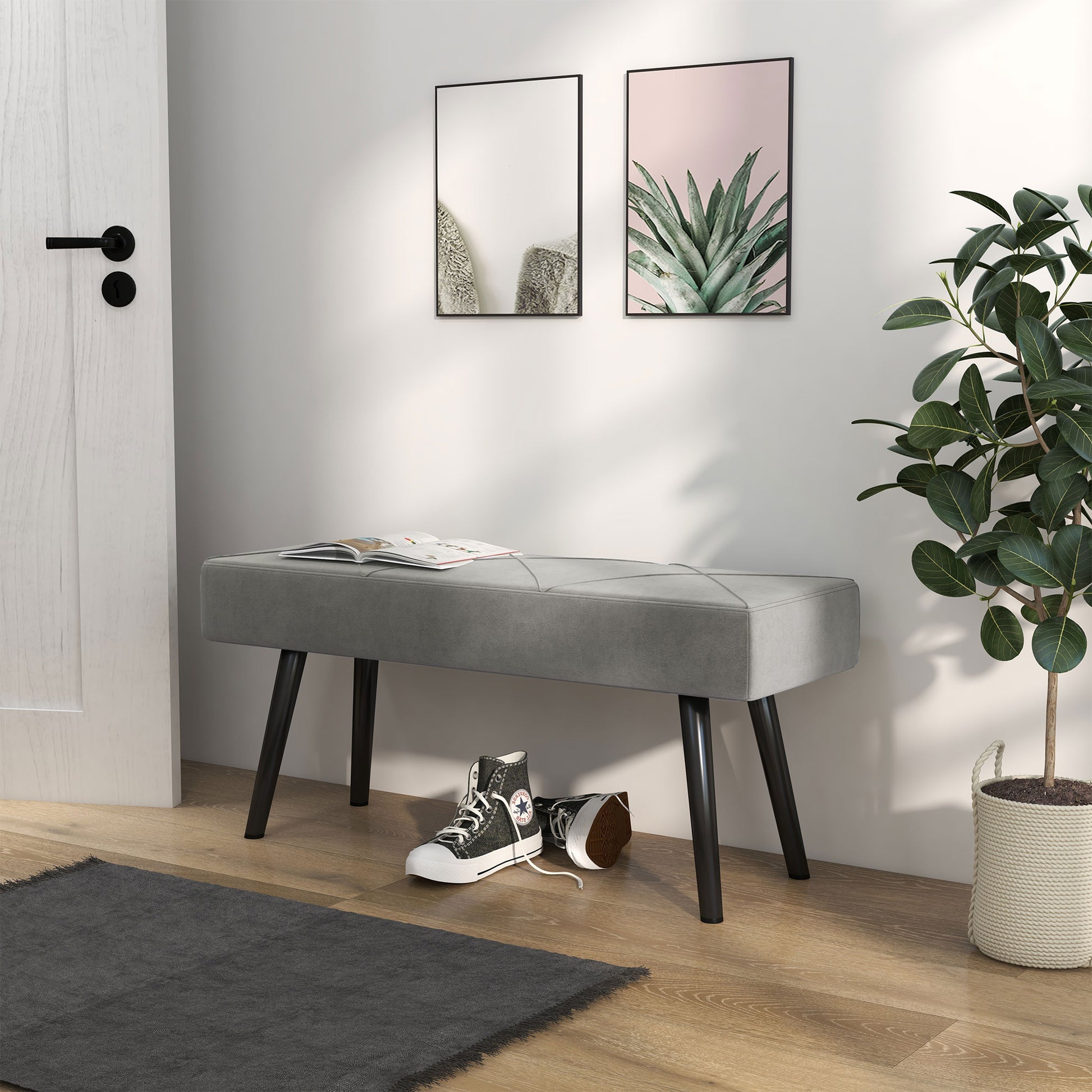 Upholstered Seat Bench in Velvet Look, Bed Bench with X-Pattern, Steel Legs, Shoe Bench for Bedroom, Living Room, Hallway, 100 x 36 x 45 cm, Gray