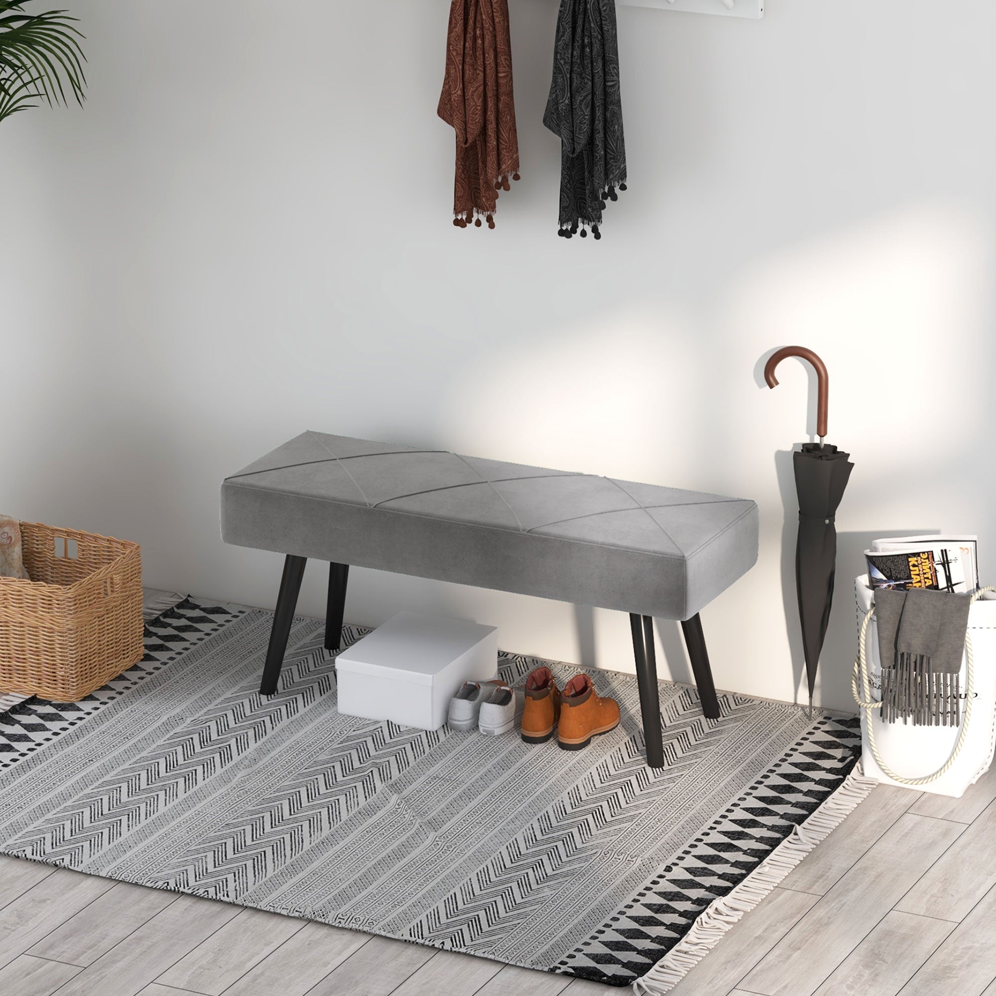 Upholstered Seat Bench in Velvet Look, Bed Bench with X-Pattern, Steel Legs, Shoe Bench for Bedroom, Living Room, Hallway, 100 x 36 x 45 cm, Gray