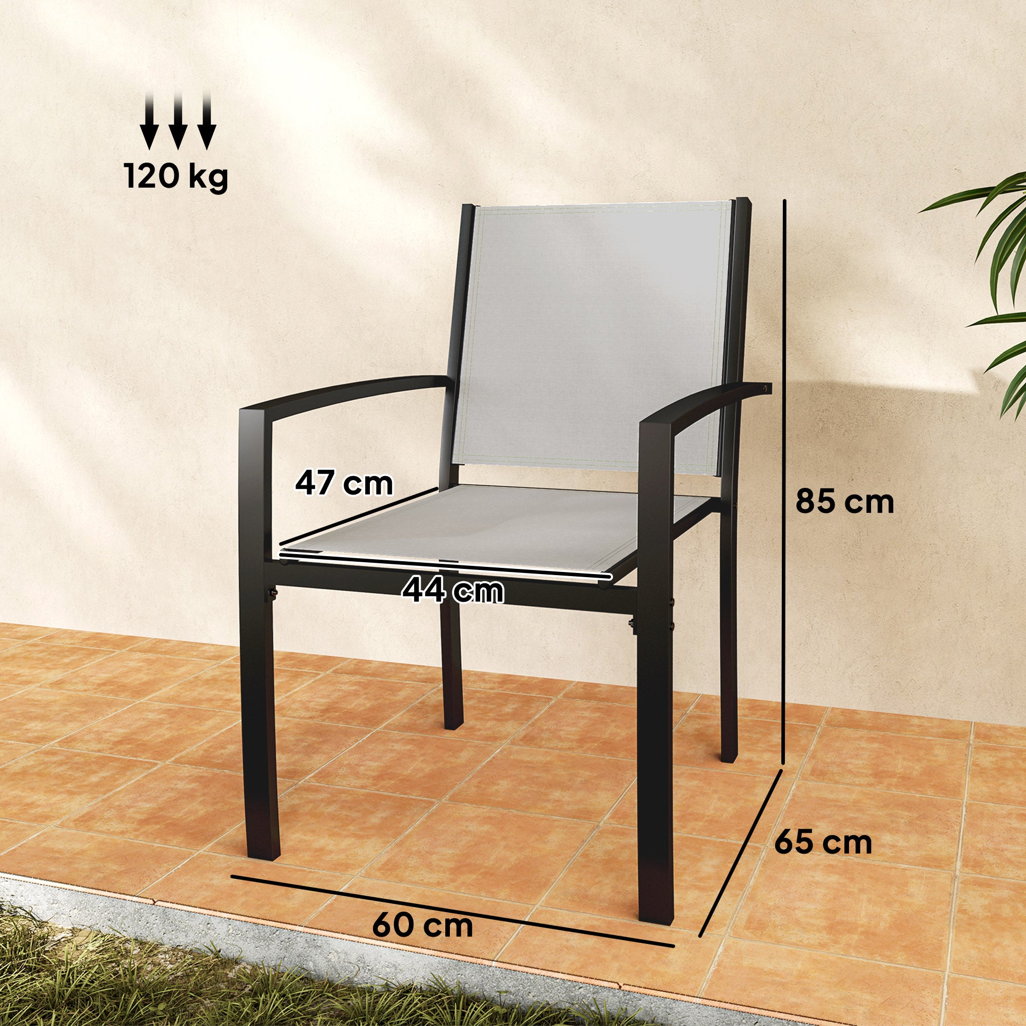 Set of 2 stackable outdoor garden chairs with armrests, steel frame for garden, pool, terrace, light gray