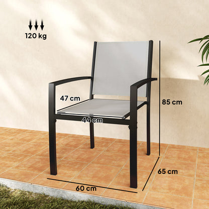Set of 2 stackable outdoor garden chairs with armrests, steel frame for garden, pool, terrace, light gray