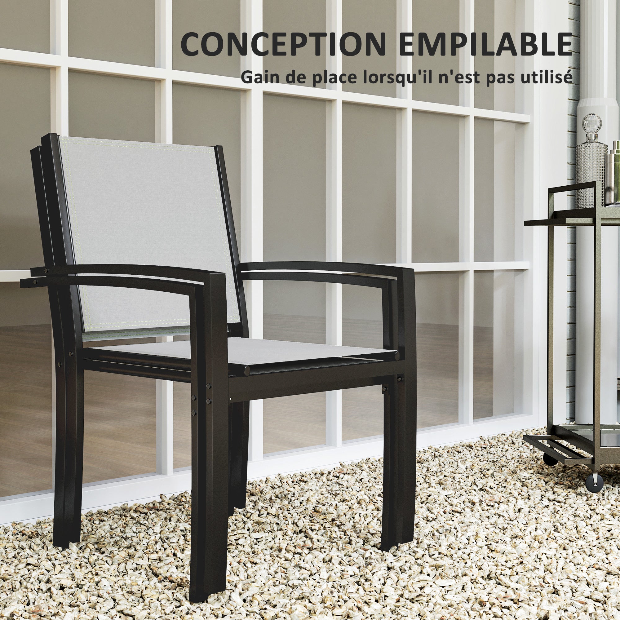 Set of 2 stackable outdoor garden chairs with armrests, steel frame for garden, pool, terrace, light gray