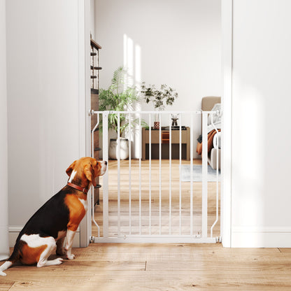 Pet Safety Gate Adjustable Length Stair Gate Hallway Door Barrier No Drilling in Steel and ABS Dim. 75-85L x 76H cm White