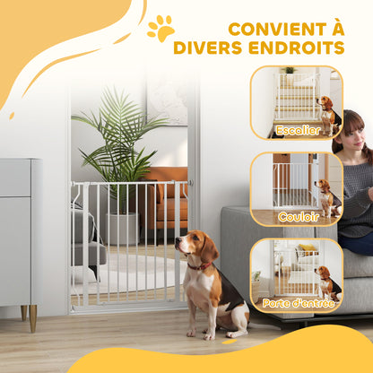 Pet Safety Gate Adjustable Length Stair Gate Hallway Door Barrier No Drilling in Steel and ABS Dim. 75-85L x 76H cm White