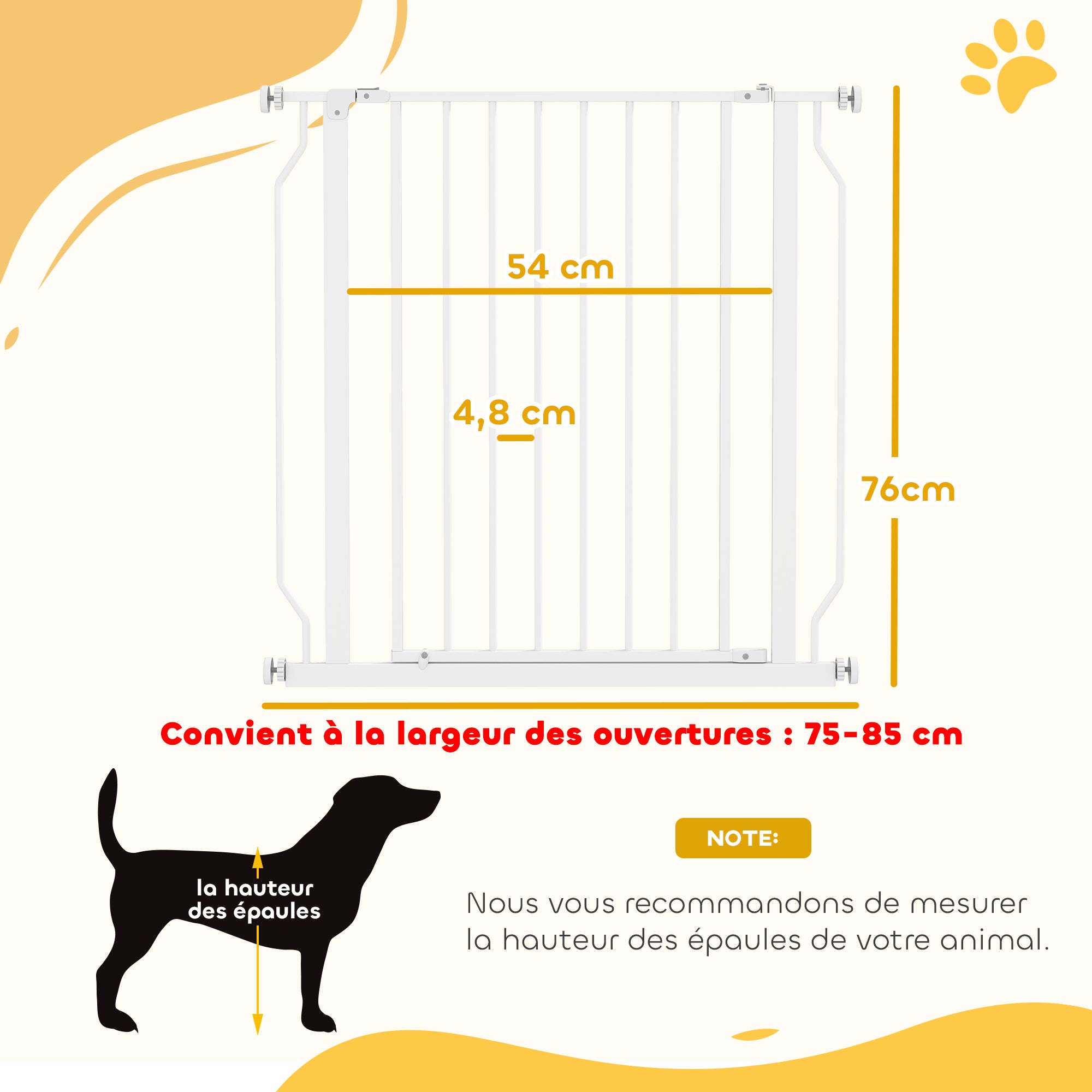 Pet Safety Gate Adjustable Length Stair Gate Hallway Door Barrier No Drilling in Steel and ABS Dim. 75-85L x 76H cm White