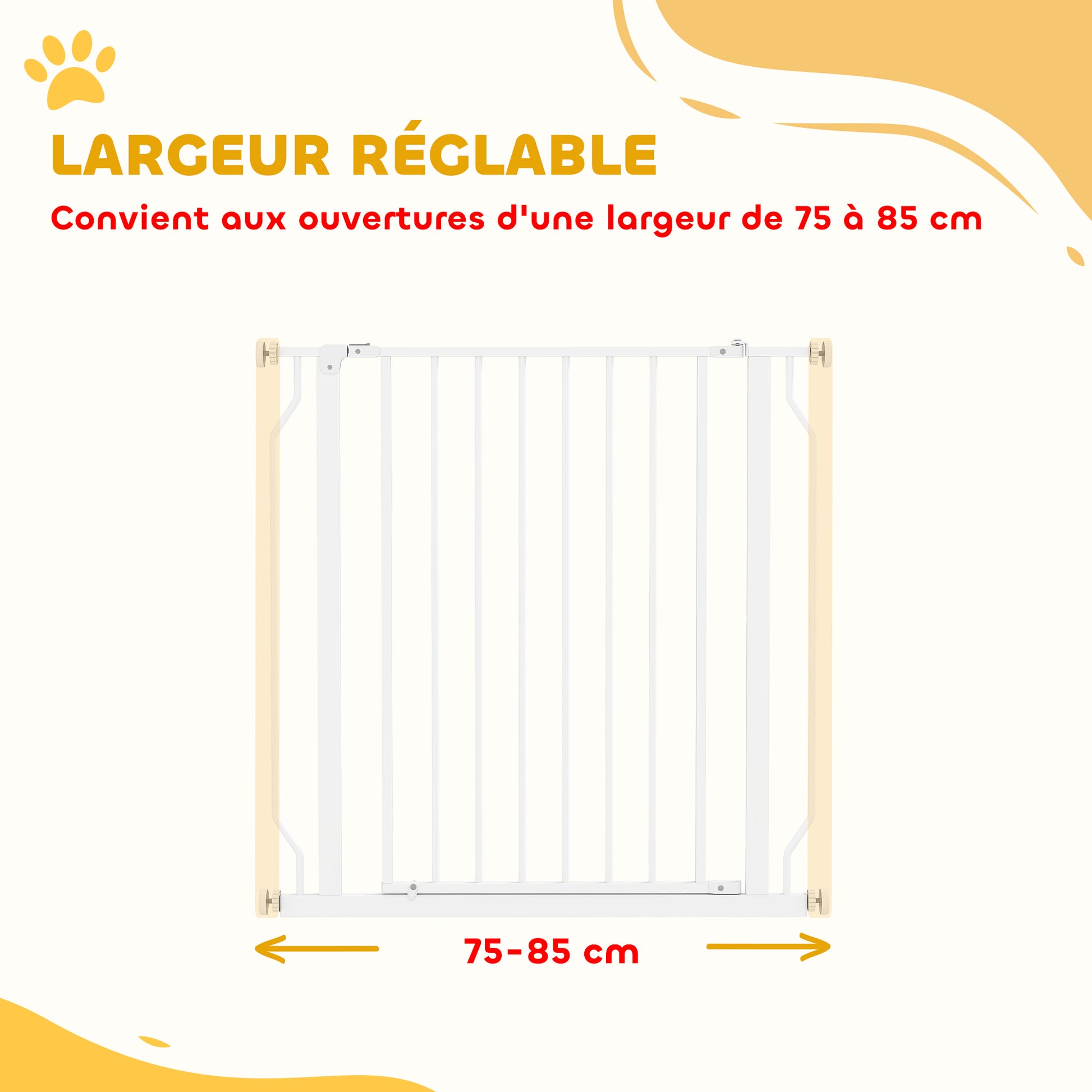 Pet Safety Gate Adjustable Length Stair Gate Hallway Door Barrier No Drilling in Steel and ABS Dim. 75-85L x 76H cm White