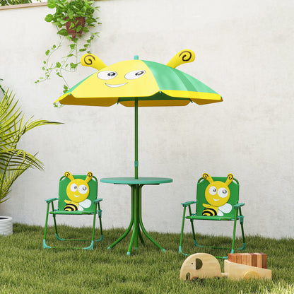 4-Piece Children's Seating Group Garden Children's Furniture Set with 2 Folding Chairs, Adjustable Sun Umbrella, Garden Table, Bee Pattern for 2-5 Years Children, Green